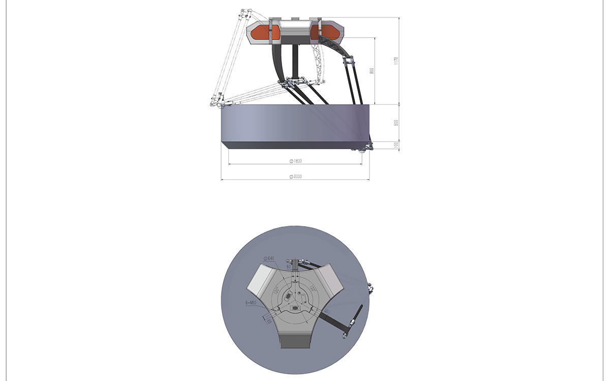 Technische Zeichnung des BAT2000M-S15 Delta-Roboters