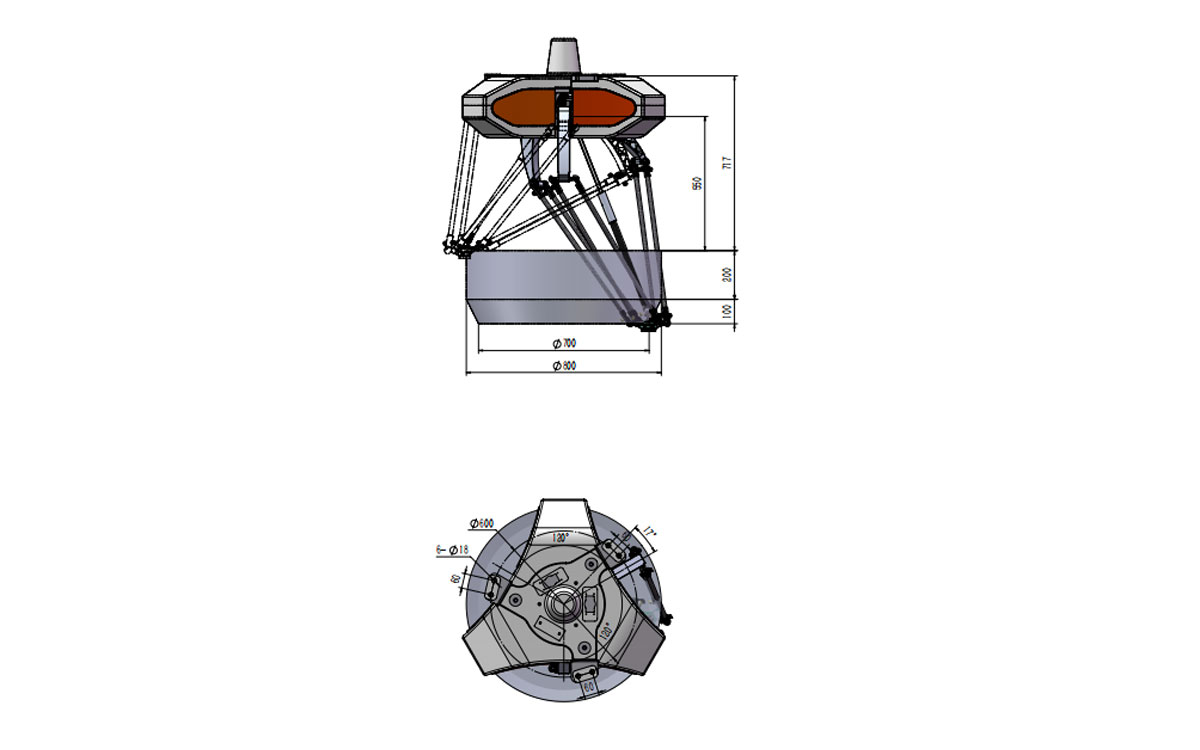 Technische Zeichnung des BAT800-S3 Delta-Roboters