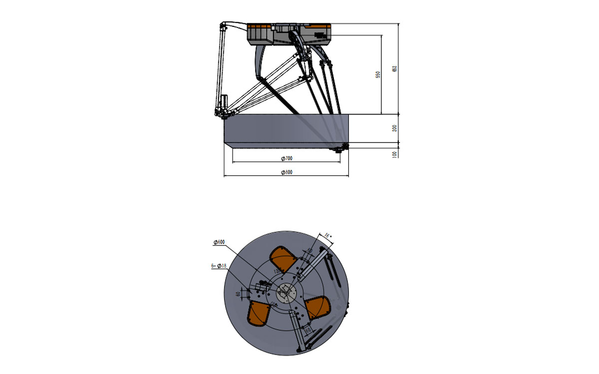 Technische Zeichnung des BAT800M-E3 Delta-Roboters