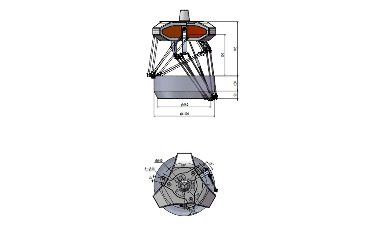 Technische Zeichnung des BAT1100-S3 Delta-Roboters