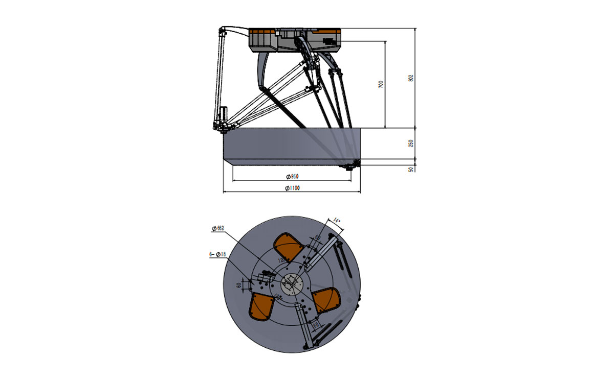 Technische Zeichnung des BAT1100M-E3 Delta-Roboters