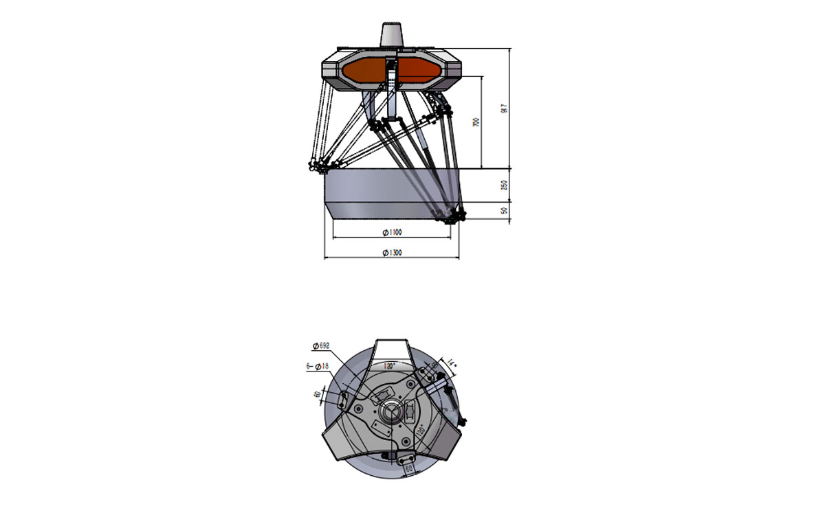 Technische Zeichnung des BAT1300-S6 Delta-Roboters