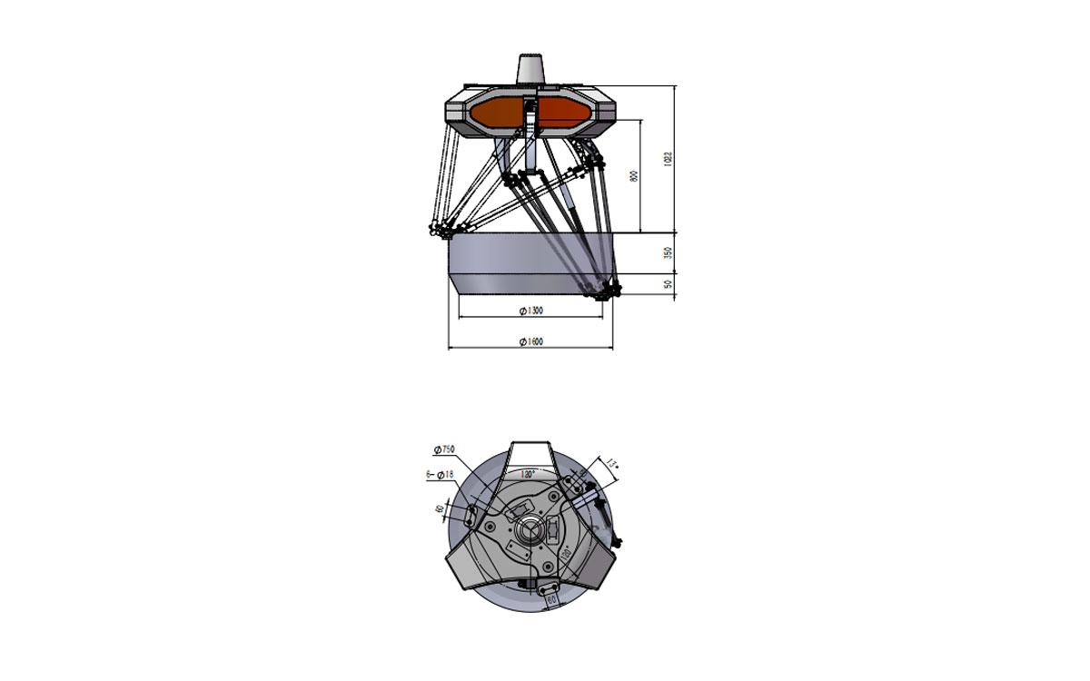 Technische Zeichnung des BAT1600-S6 Delta-Roboters